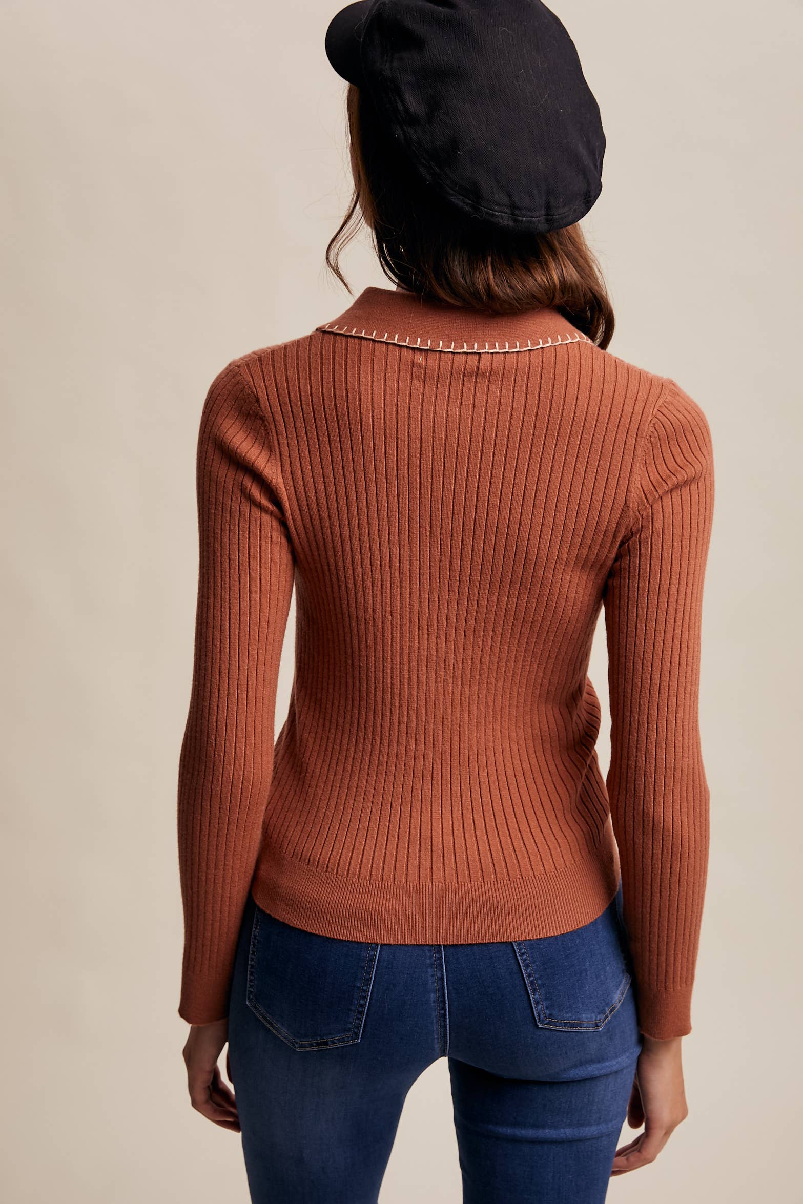 Contrast Stitch Ribbed Knit Top-Cream