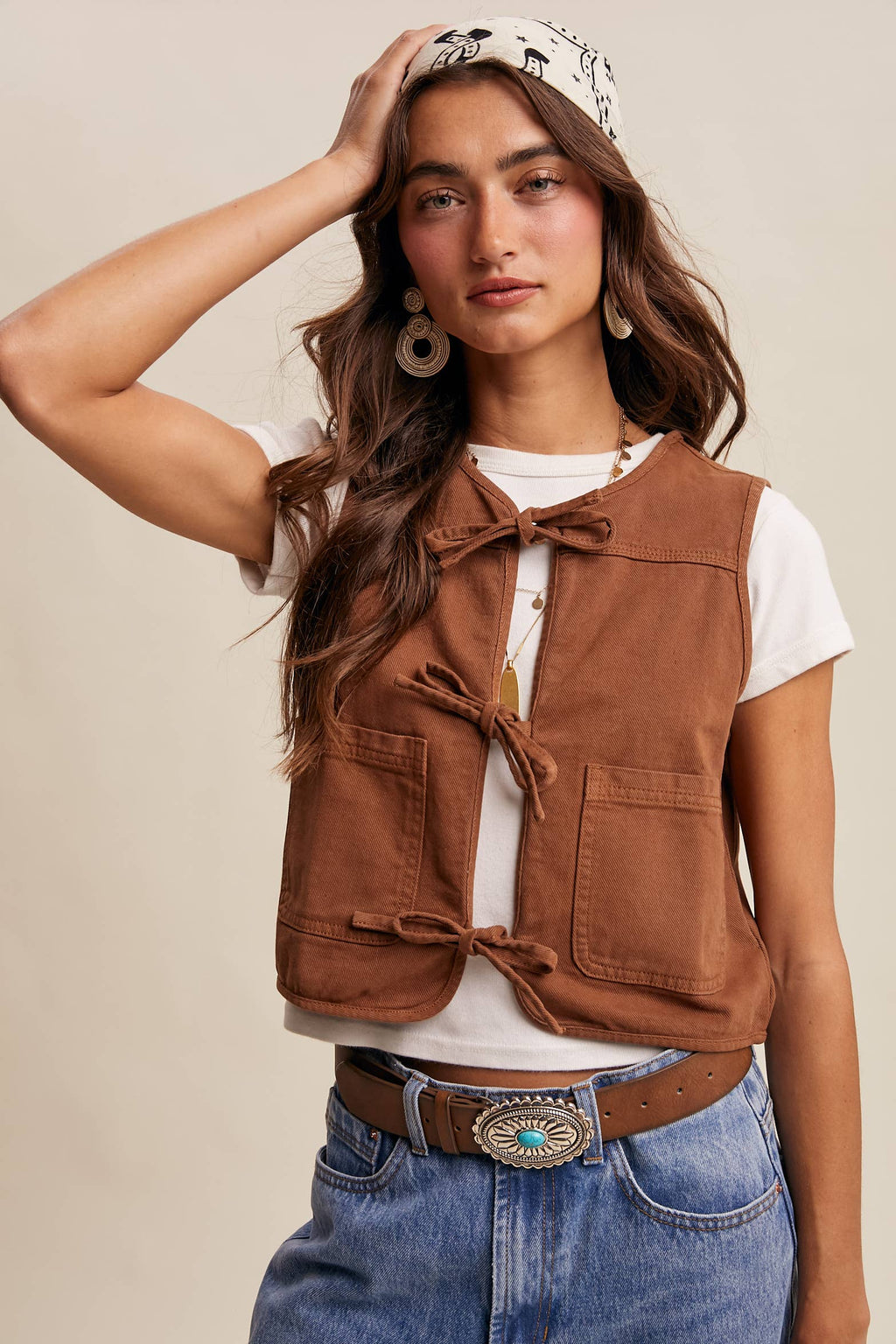 Brown Denim Tie-Front Vest