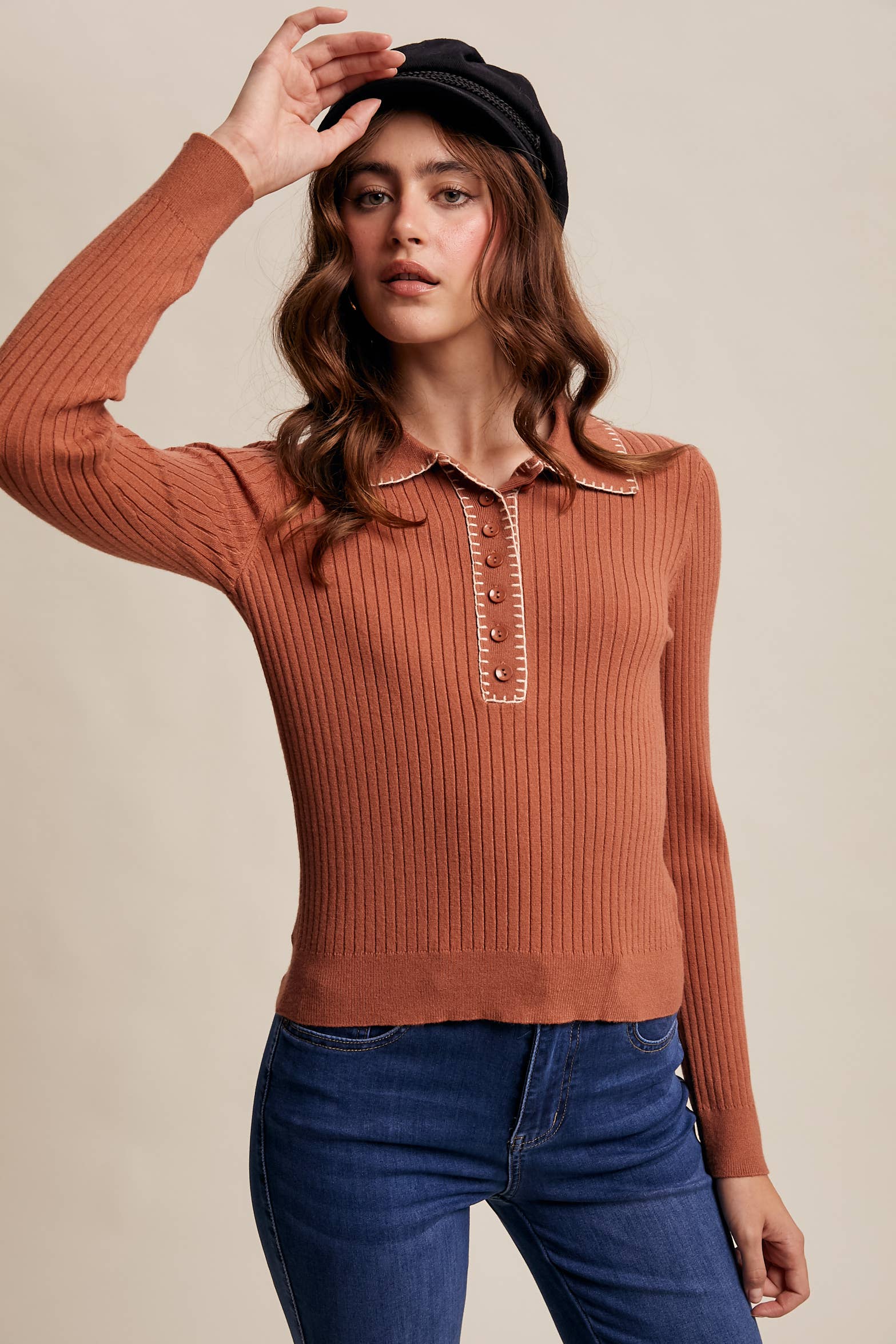 Contrast Stitch Ribbed Knit Top-Cream