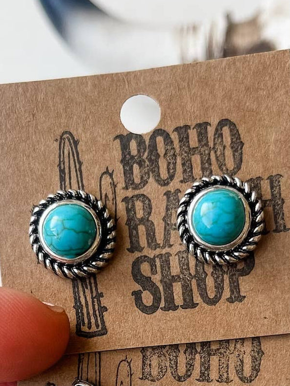Western Turquoise Stud Earrings-Round