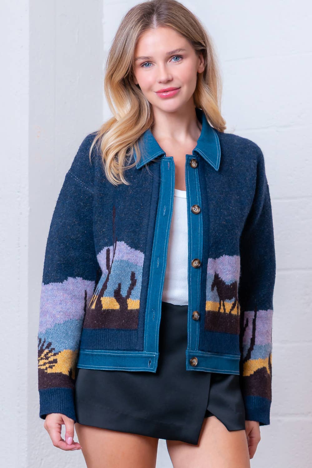 Denim Mixed Sweater Jacket with Collar
