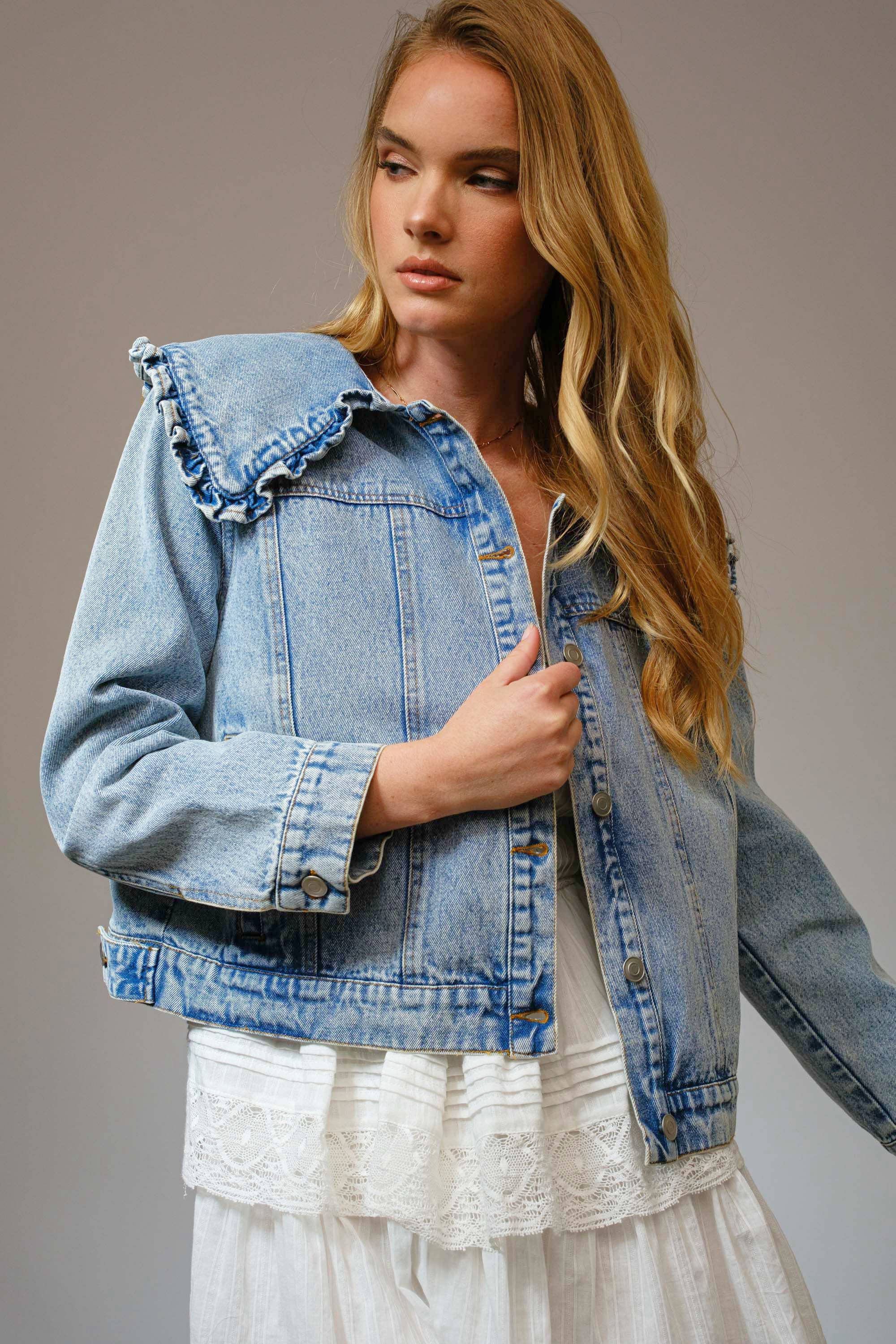 Ruffled Peter Pan Collar Denim Jacket