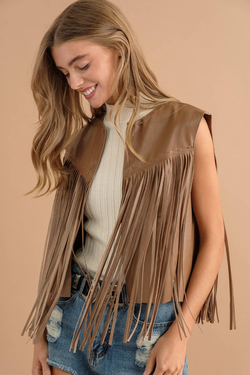 Faux Leather Fringe Braided Yoke Crop Waist Vest