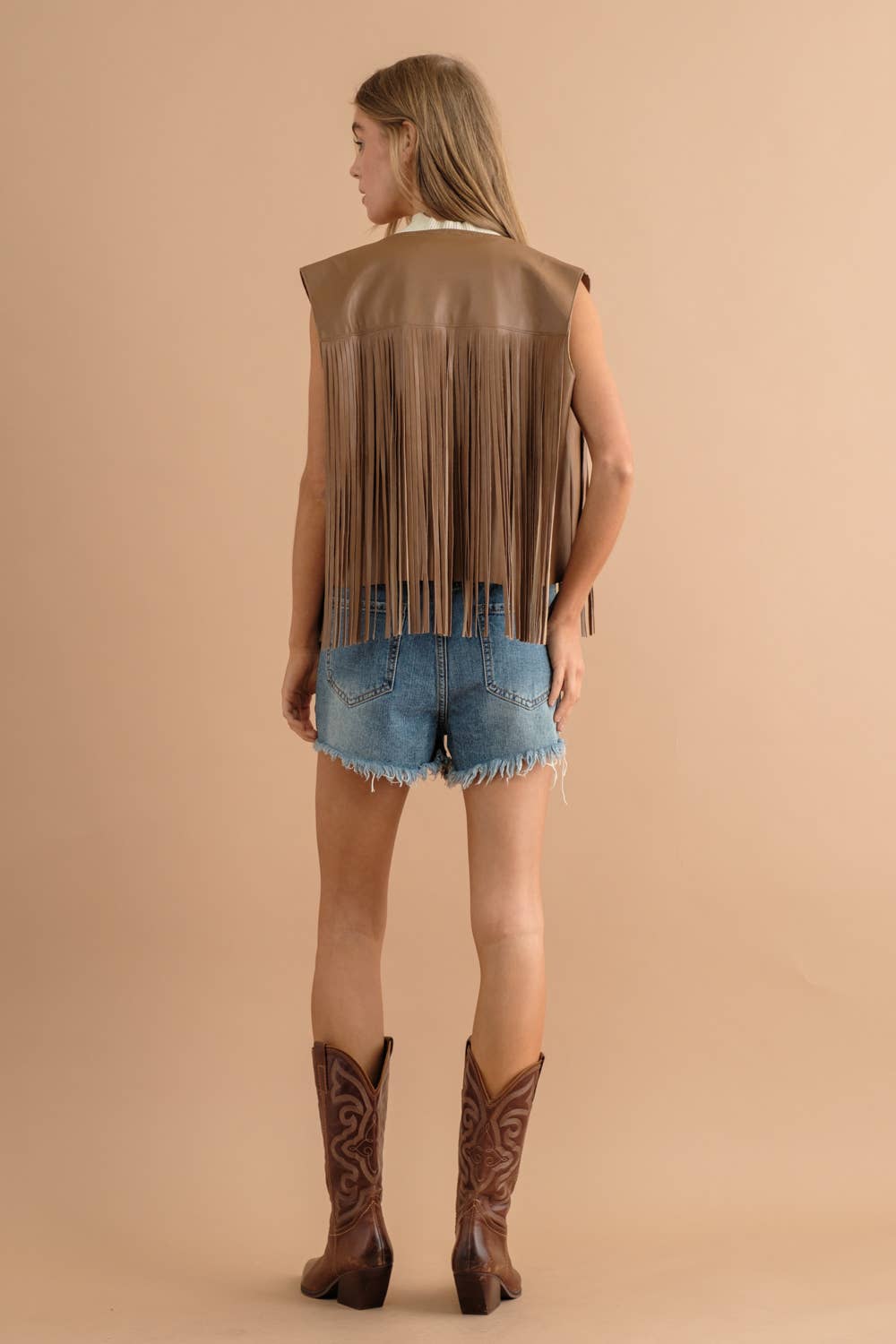 Faux Leather Fringe Braided Yoke Crop Waist Vest