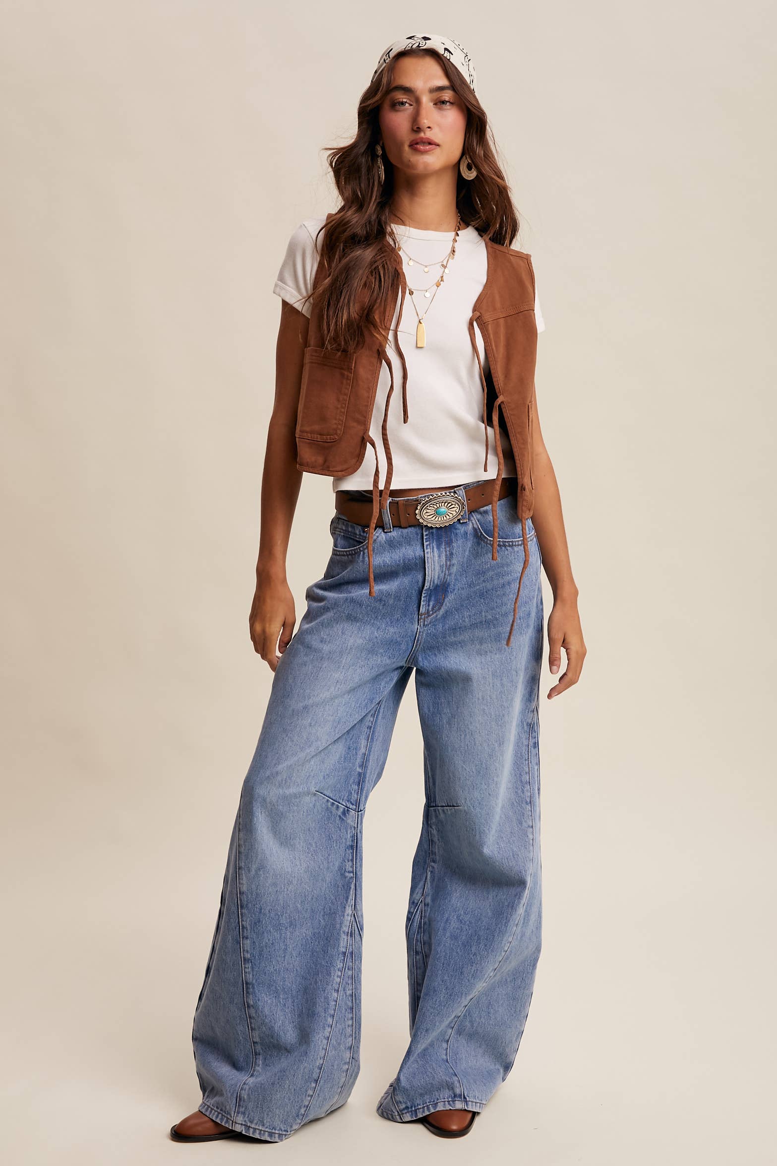 Brown Denim Tie-Front Vest