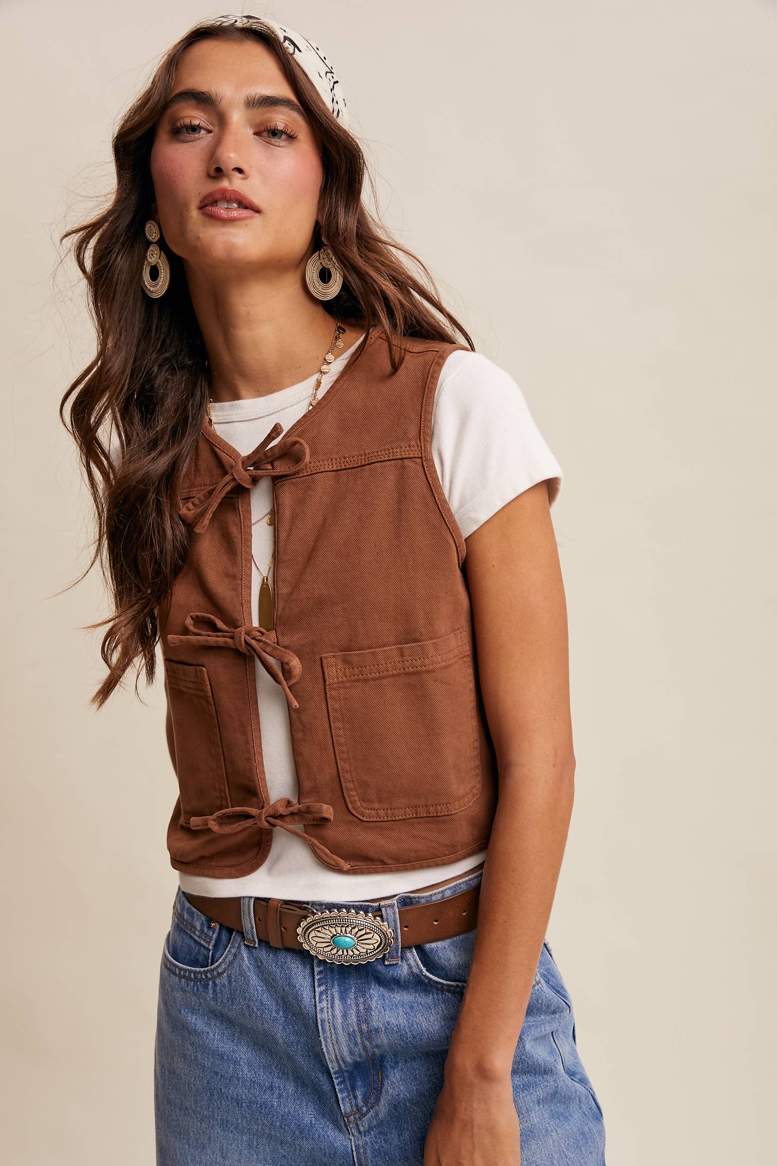 Brown Denim Tie-Front Vest