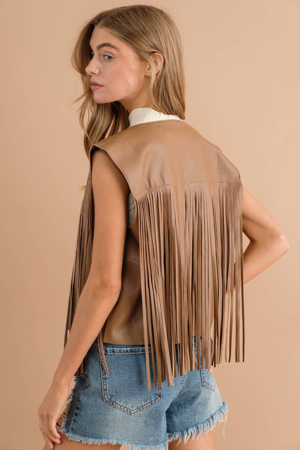 Faux Leather Fringe Braided Yoke Crop Waist Vest