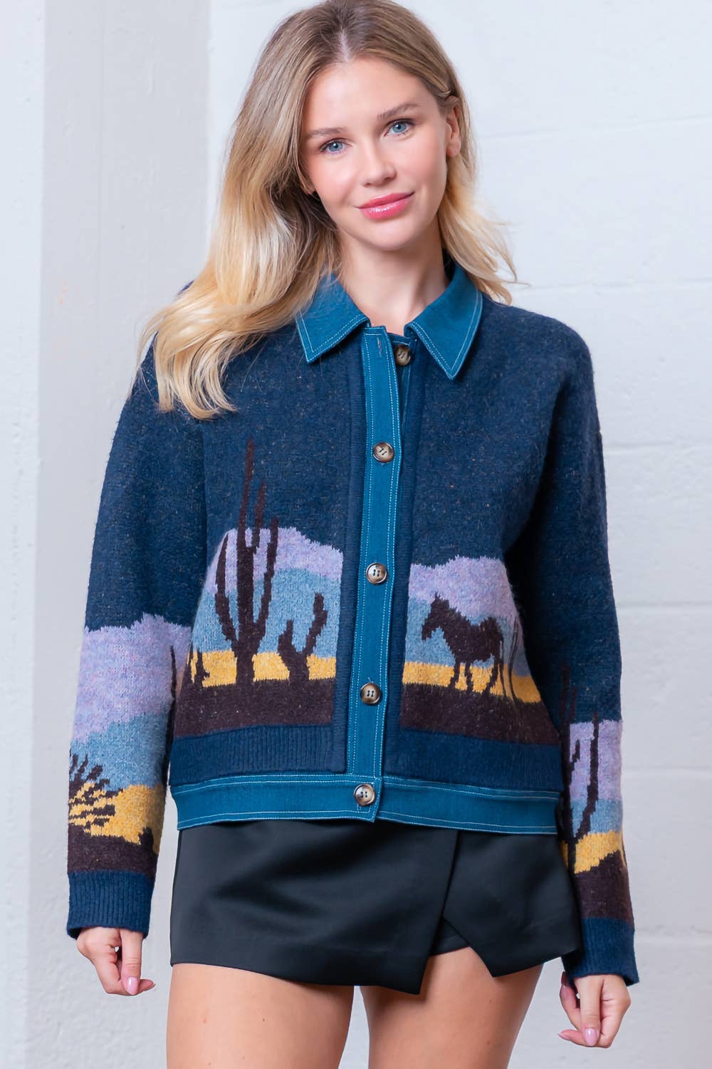 Denim Mixed Sweater Jacket with Collar