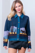 Denim Mixed Sweater Jacket with Collar