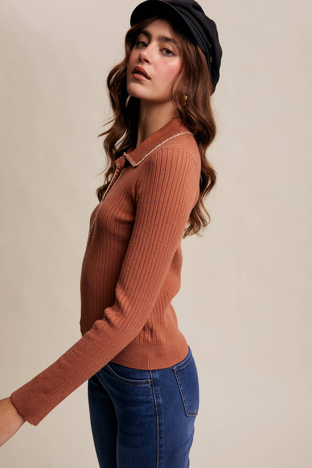 Contrast Stitch Ribbed Knit Top-Cream