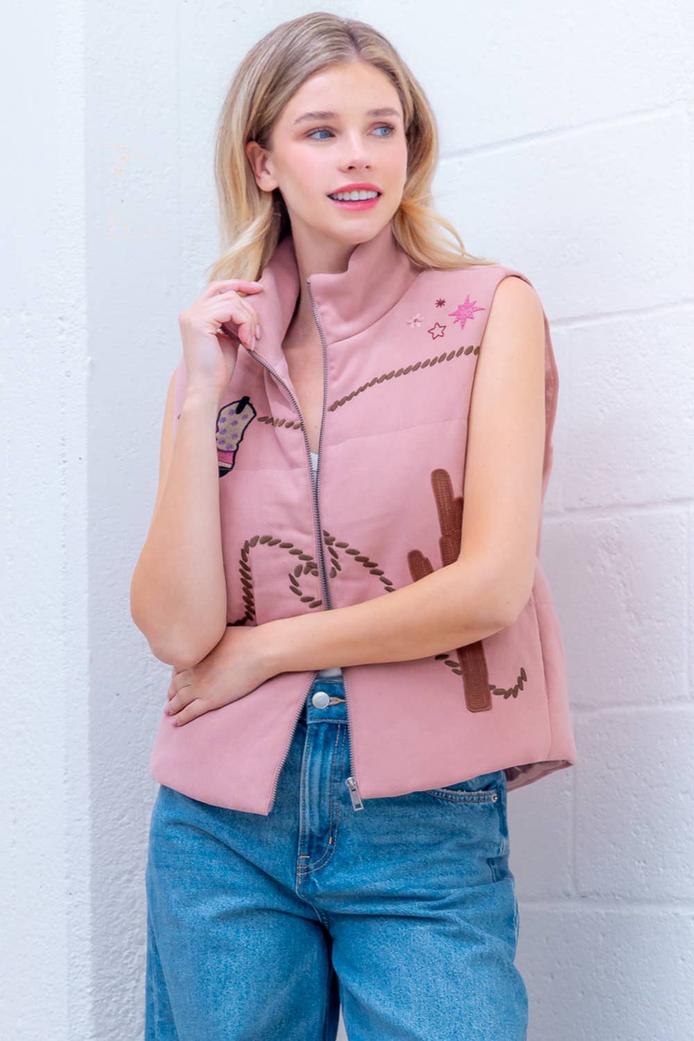 Sleeveless Western Embroidered Vest-Mauve