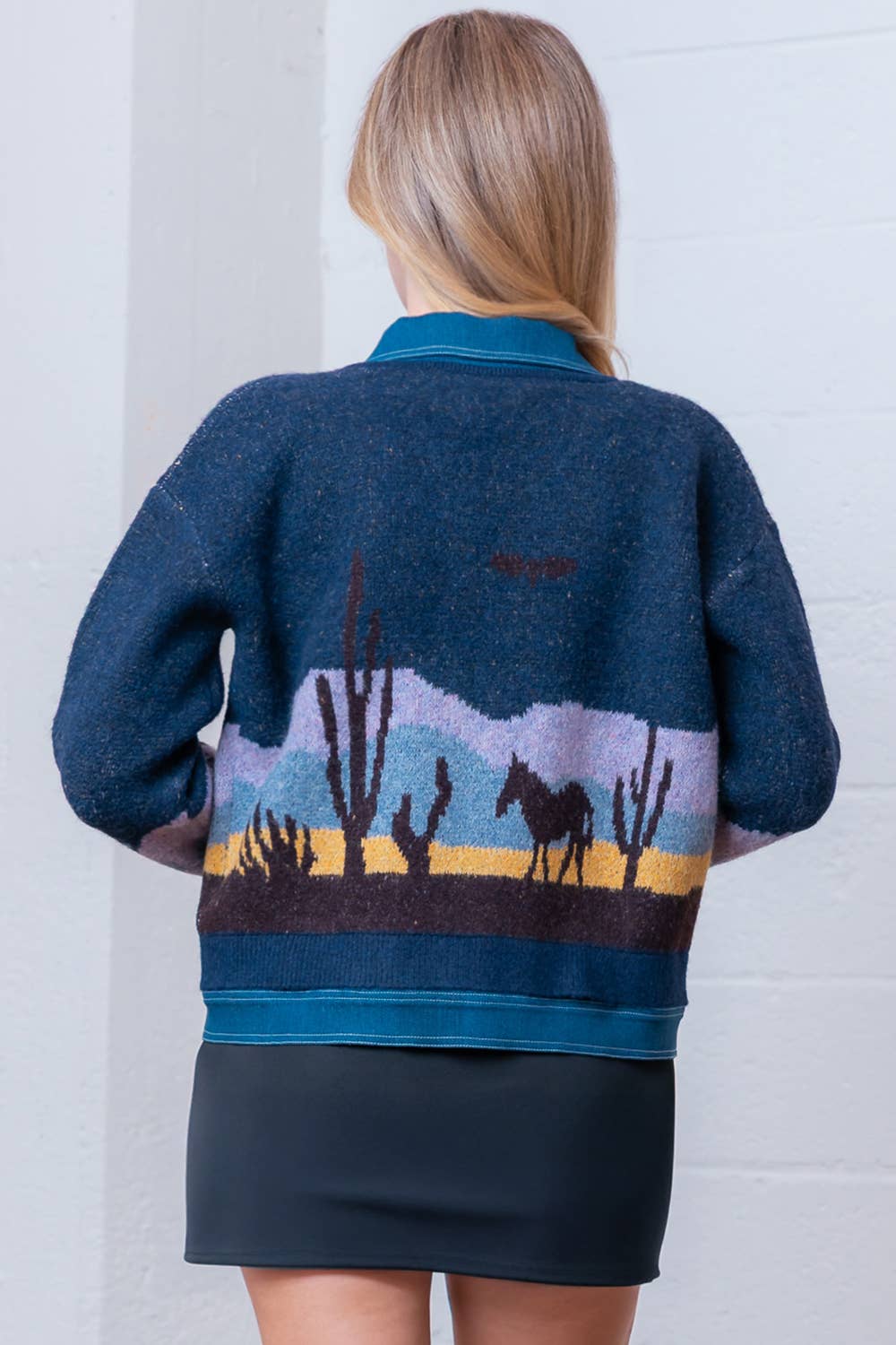 Denim Mixed Sweater Jacket with Collar