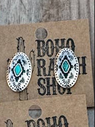 Western Hand Stone Aztec Post Earrings-Oval