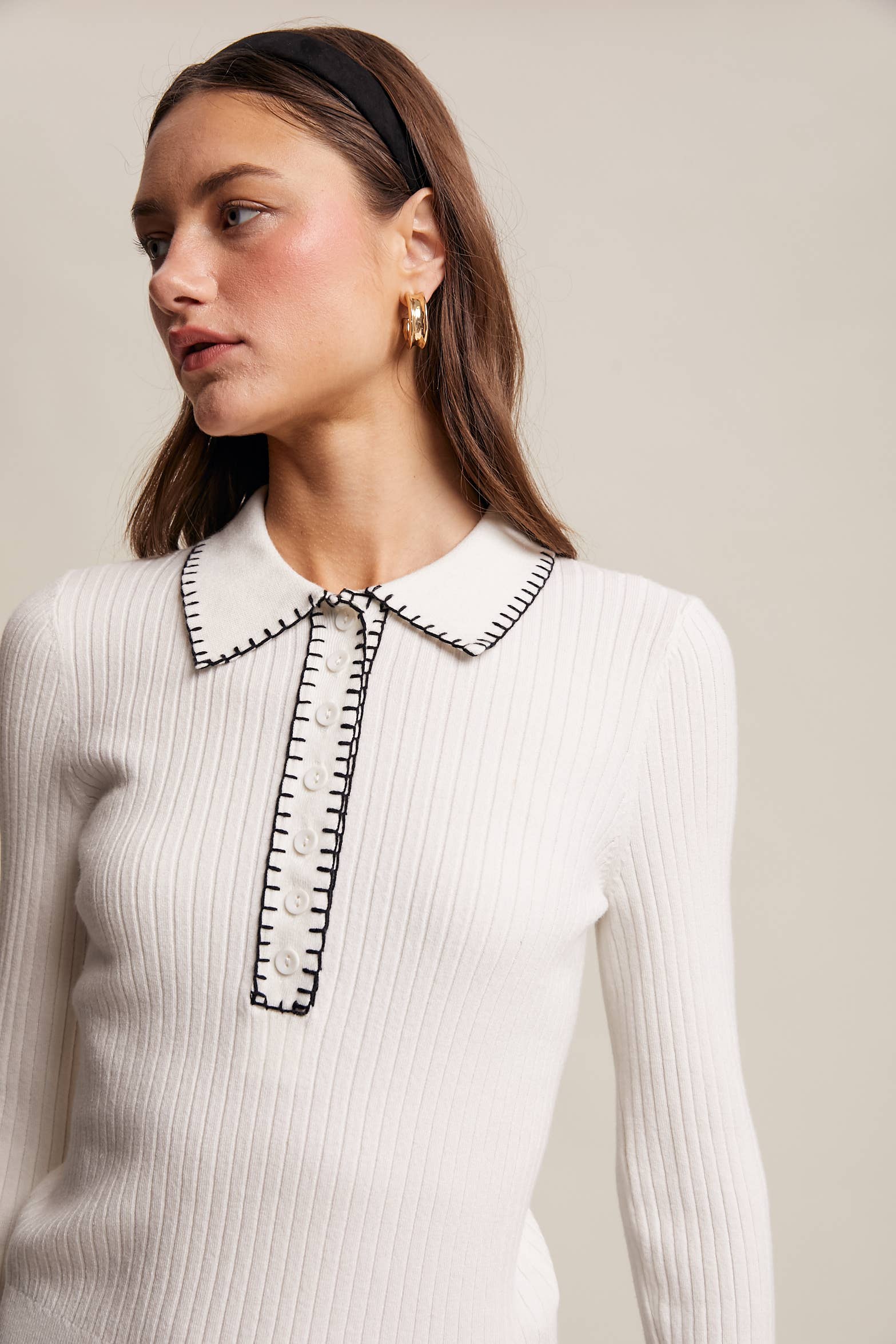 Contrast Stitch Ribbed Knit Top-Cream