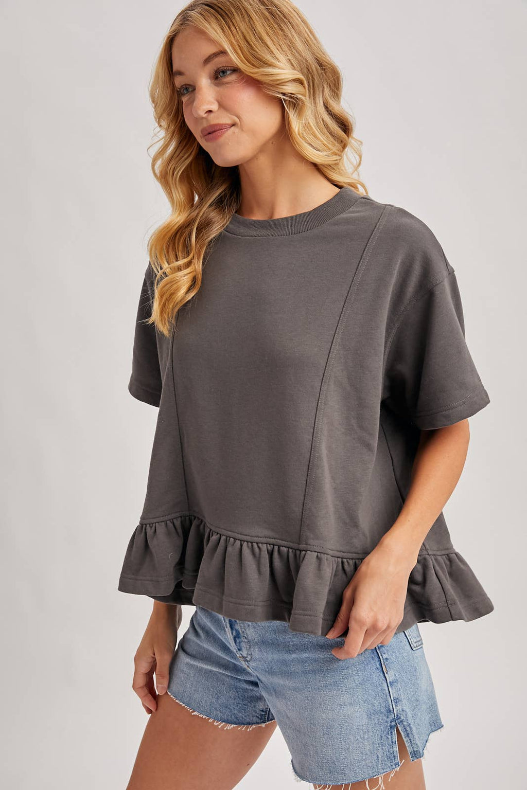 Ruffled Peplum Swing Knit Tee