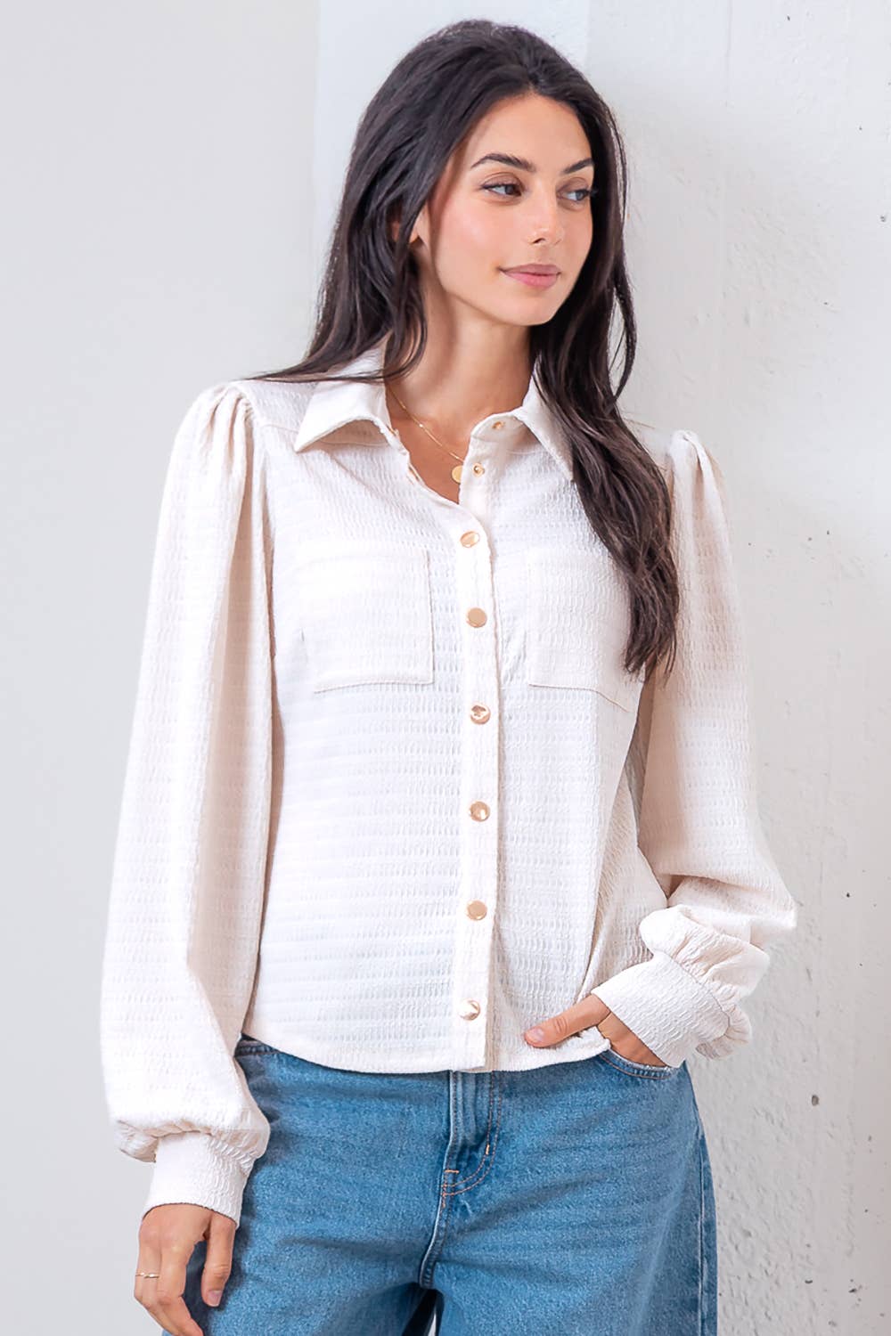 Long Puff Sleeve Button Up Shirt