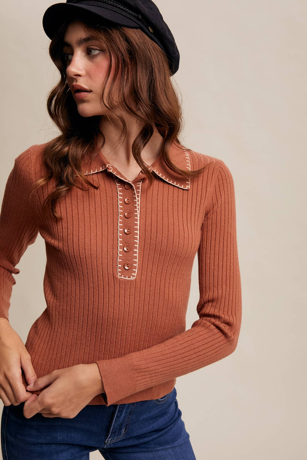 Contrast Stitch Ribbed Knit Top-Cream