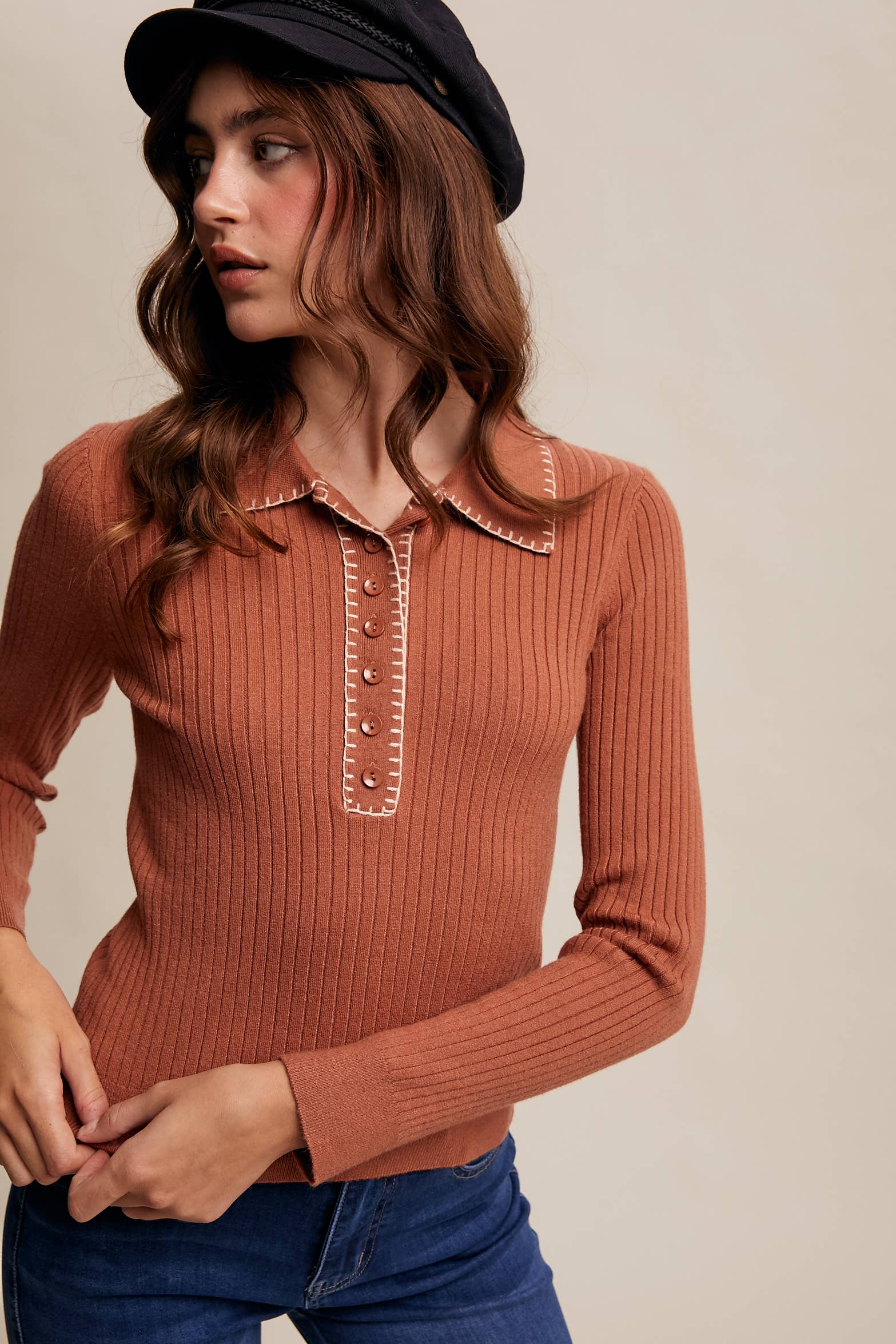 Contrast Stitch Ribbed Knit Top-Cream