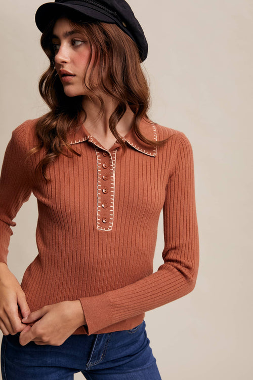 Contrast Stitch Ribbed Knit Top-Cream