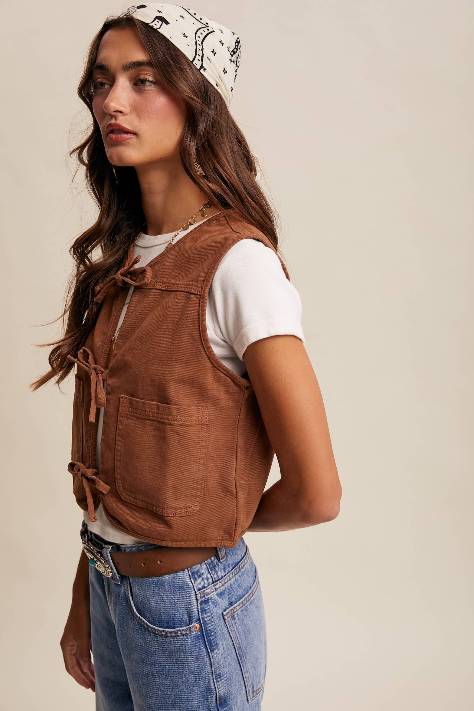 Brown Denim Tie-Front Vest