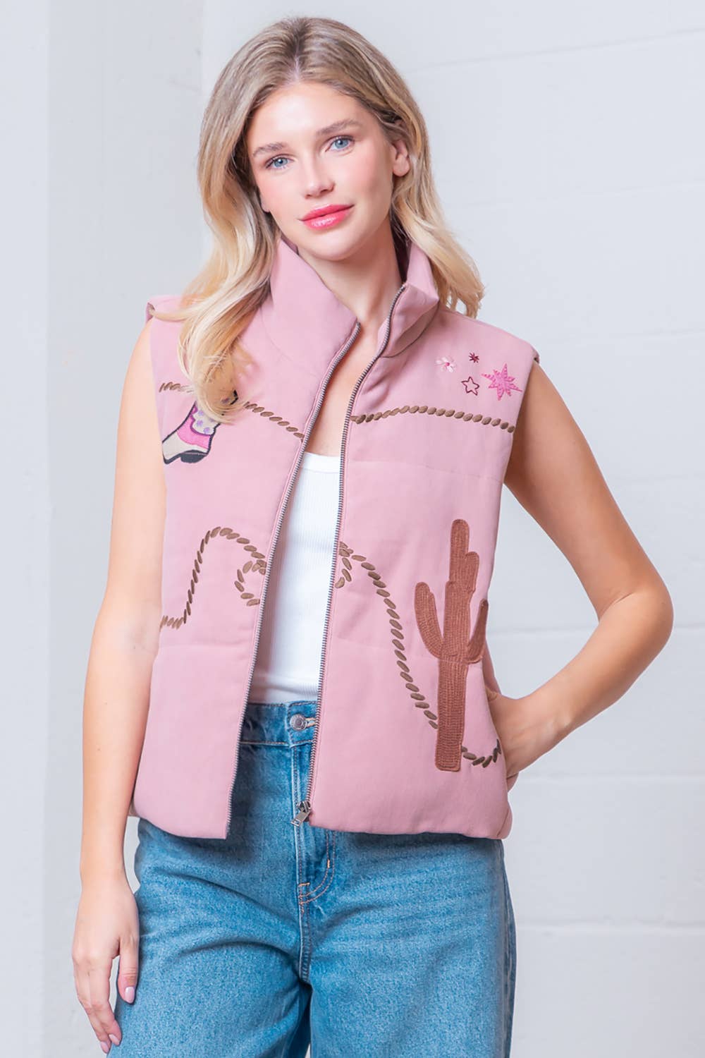 Sleeveless Western Embroidered Vest-Mauve