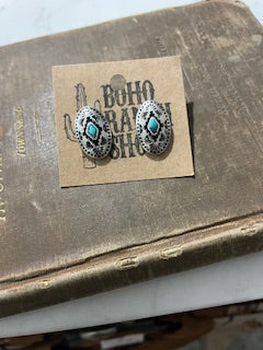Western Hand Stone Aztec Post Earrings-Oval